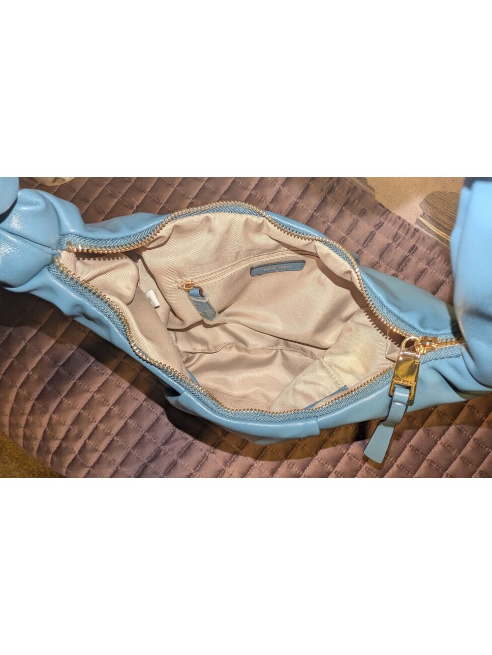 Light Blue Faux Leather Shoulder Bag with Gold Hardware